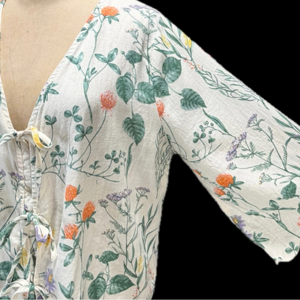 Laura Ashley botanical wildflower herb kimono sleeve top blouse tie front linen‎